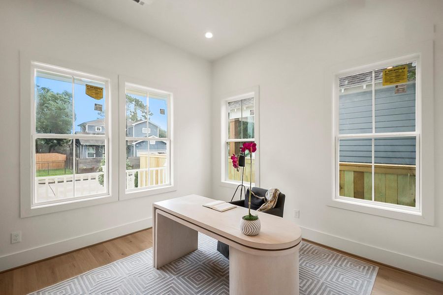 Designed for productivity and comfort, the private home office offers a quiet retreat ideal for remote work, studying, or a sophisticated reading space.