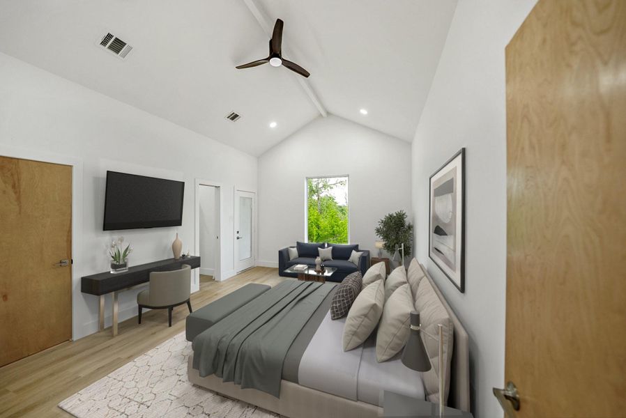 Bedroom featuring beam ceiling, light wood-style flooring, ceiling fan, and high vaulted ceiling