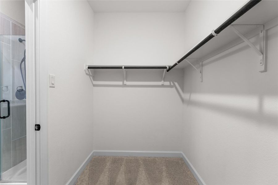 Oversized walk-in closet with ample hanging space and room for additional storage, conveniently connected to the primary bath and suite Oversized walk-in closet with ample hanging space and room for additional storage, conveniently connected to the primary bath and suite