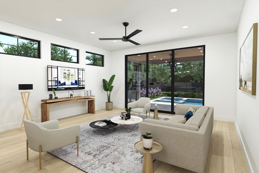 Living room featuring ceiling fan, plenty of natural light, and light hardwood / wood-style flooring