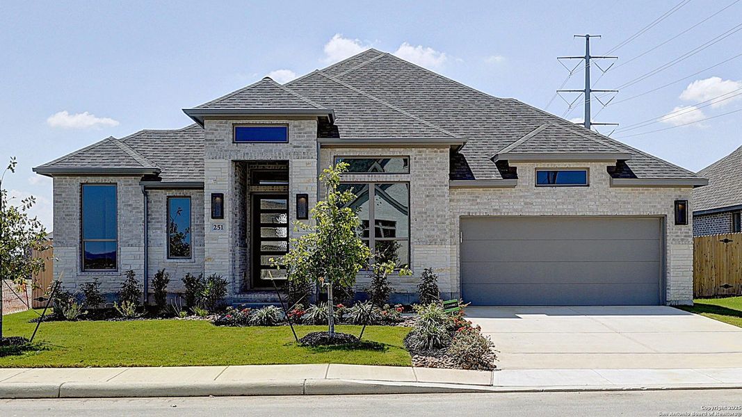 Front exterior of a new home in Haby Hill 60', San Antonio, TX, highlighting curb appeal (Image 1).