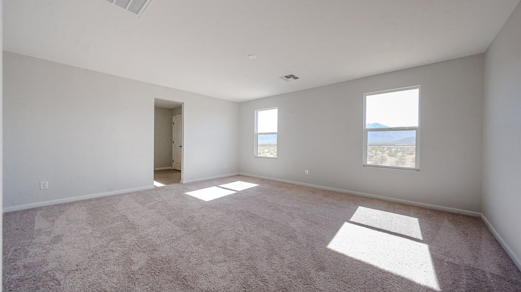 A room with a carpet and windows.