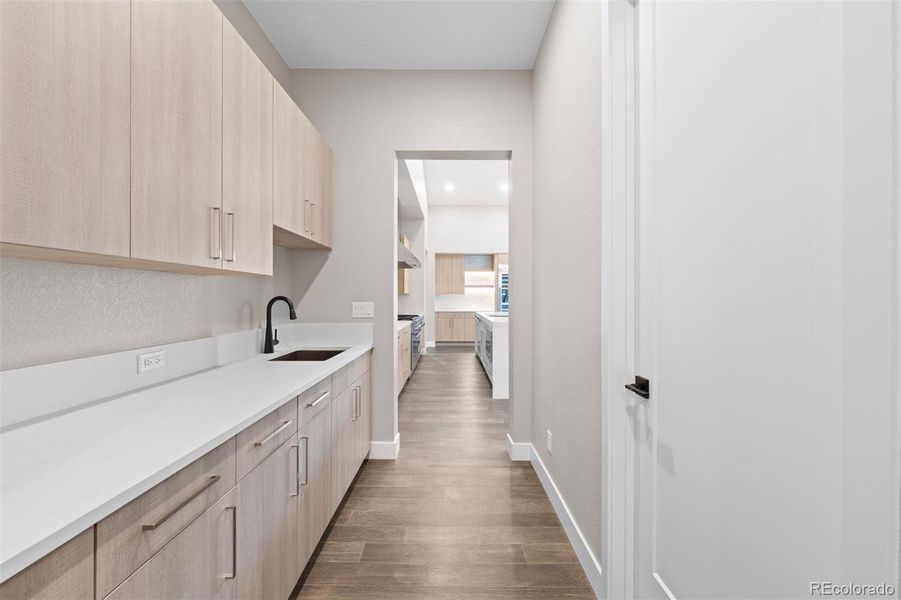 Back kitchen | butler’s pantry with undermount sink, ample cabinet/storage space, and oversized custom walk-in pantry.