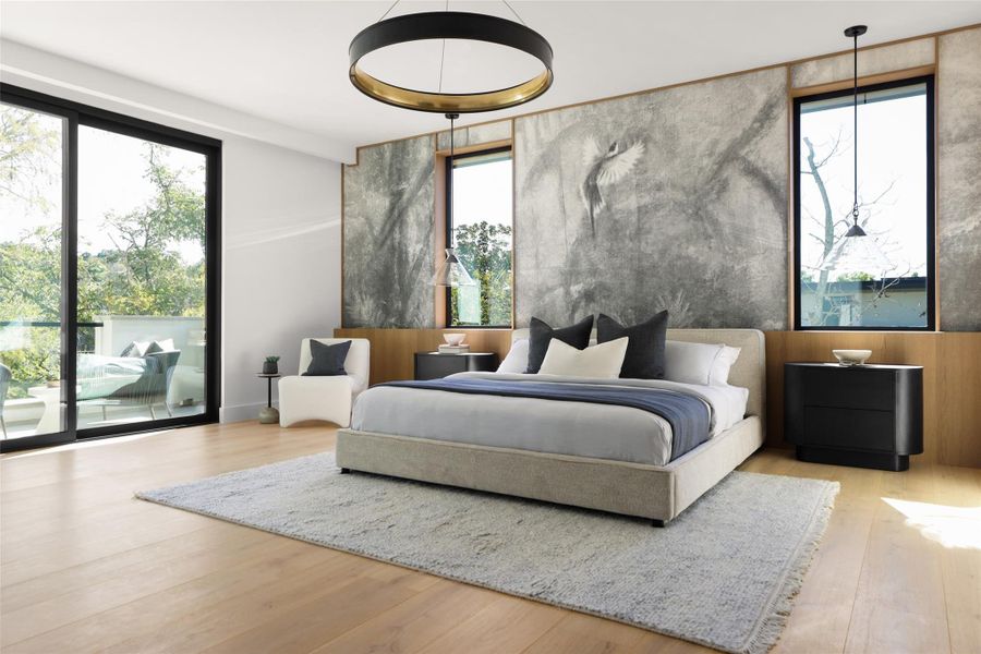 Bedroom featuring access to exterior, light wood-style floors, and multiple windows