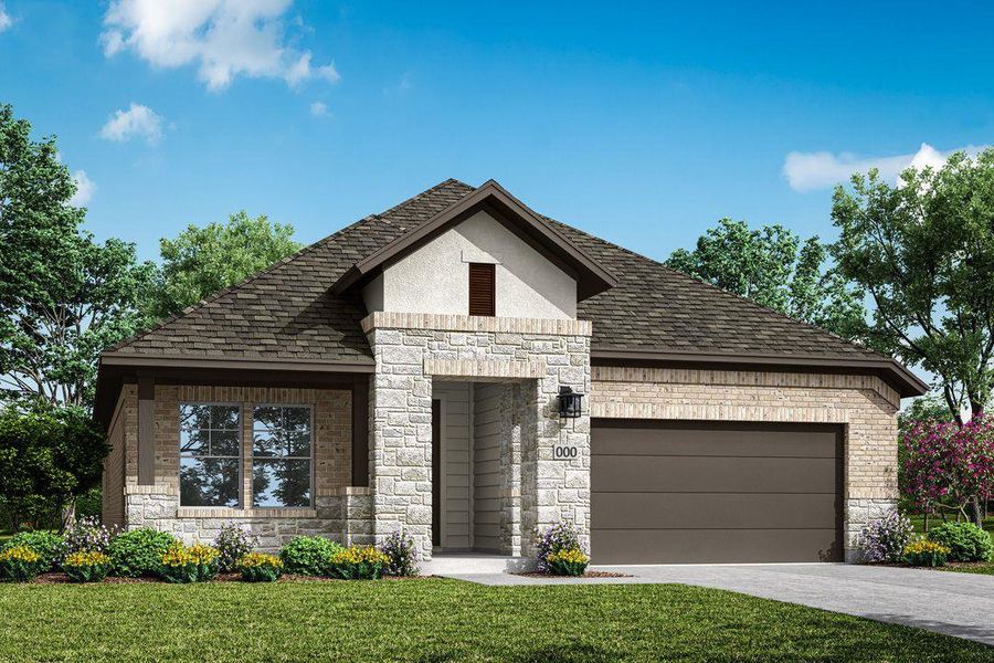 Front exterior of a new home in Lagos Reserve, Manor, TX, highlighting curb appeal (Image 1). Front exterior of a new home in Lagos Reserve, Manor, TX, highlighting curb appeal (Image 1).