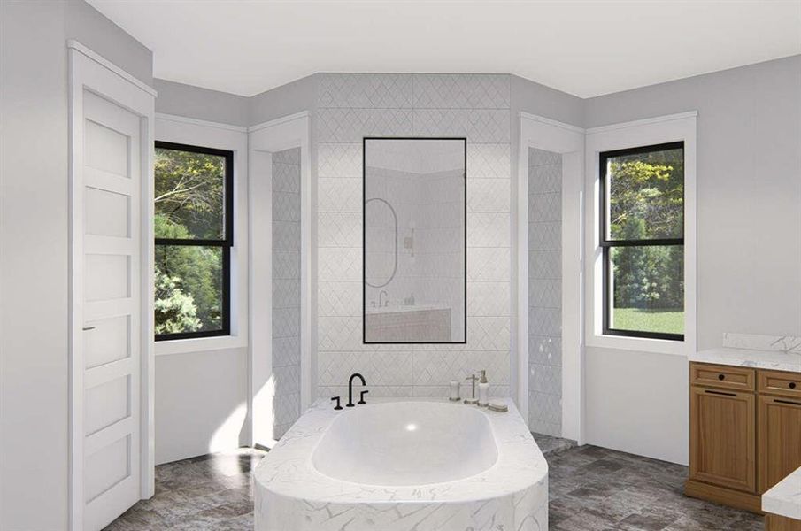 Full bath featuring a garden tub, vanity, and tile walls