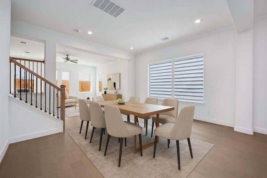 Host the dinner party. With seamless flow to the kitchen and living room, this spacious dining area is perfect for everything from casual weeknight meals to holiday gatherings.