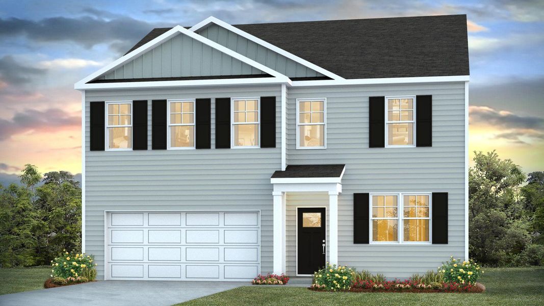 Representative exterior photo of a completed home built from the HANOVER by D.R. Horton in Pine Hills at Cane Bay, Summerville, SC (Image 1).