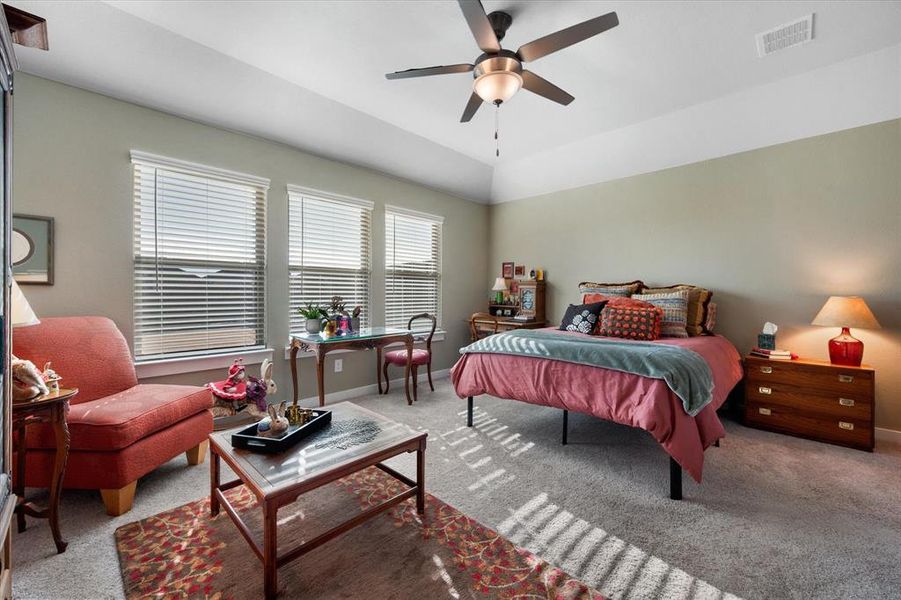 Bedroom with carpet flooring and a ceiling fan Bedroom with carpet flooring and a ceiling fan