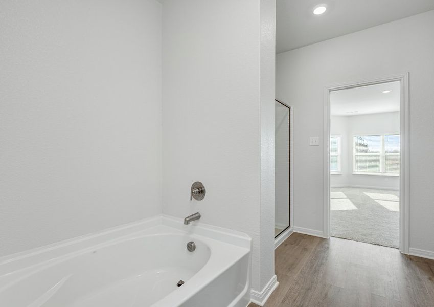 The master bathroom has a glass, walk-in shower and a garden tub.
