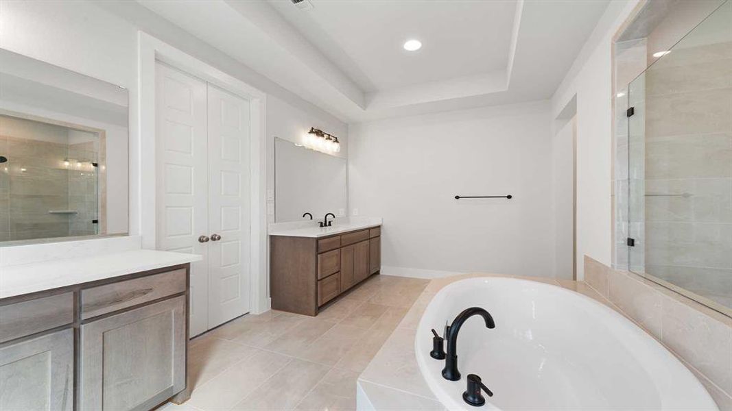 Bathroom featuring vanity, a tray ceiling, tile patterned floors, and independent shower and bath