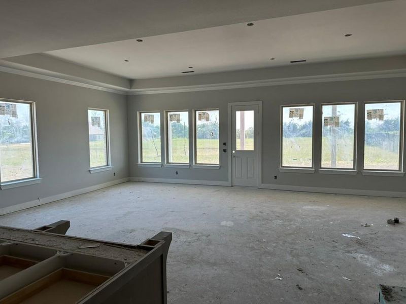 Spacious room featuring a tray ceiling with recessed lighting, crown molding, multiple windows, a paneled door with a half-light, and baseboard trim