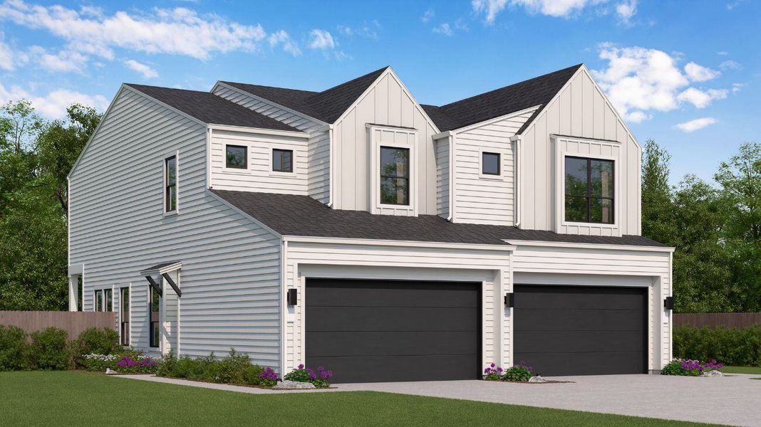 Front exterior of a new home in The Duets Collection at Novel, Austin, TX, highlighting curb appeal (Image 1). Front exterior of a new home in The Duets Collection at Novel, Austin, TX, highlighting curb appeal (Image 1).