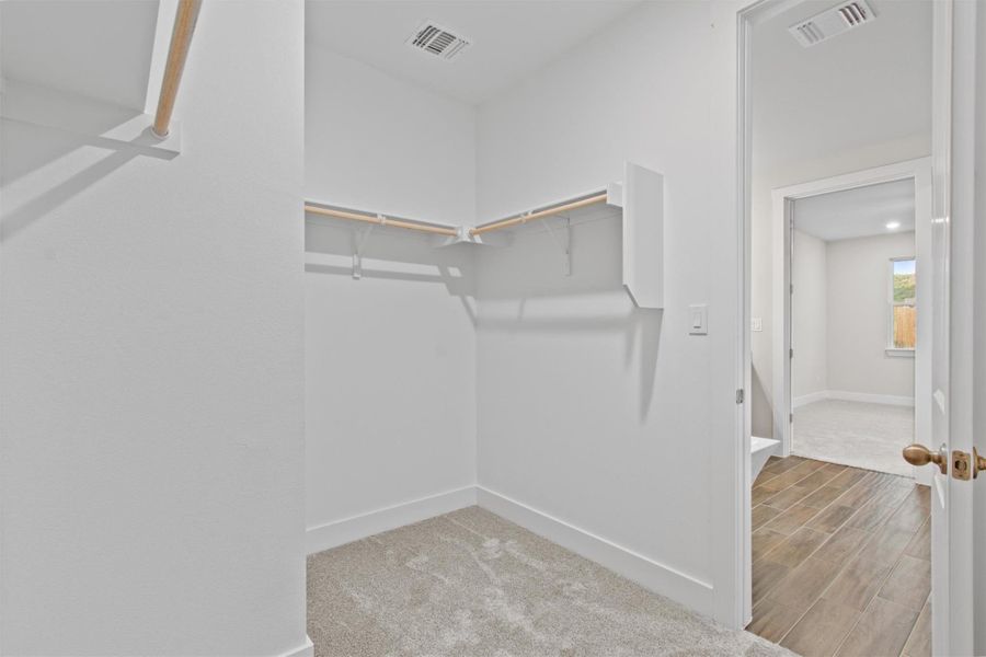 Walk in closet featuring light carpet