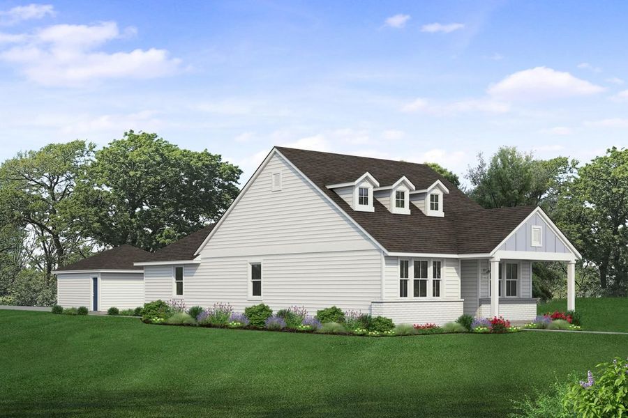 Rendering of one story home with 2 dormer windows, light blue accents, white paint, and light painted brick with detached garage, landscaping and sky Rendering of one story home with 2 dormer windows, light blue accents, white paint, and light painted brick with detached garage, landscaping and sky