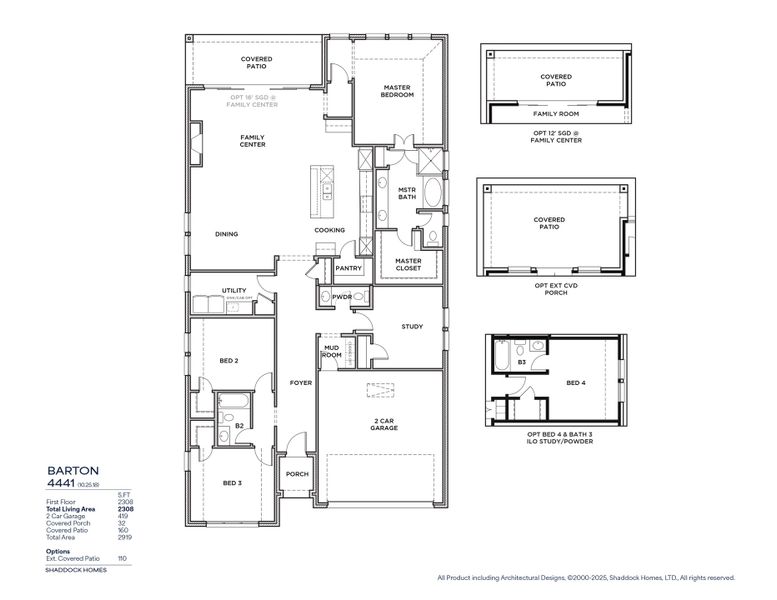 2D floor plan layout for the Barton - 4441 PS by Shaddock Homes in Grand Oaks at Green Meadows - 50', Celina, TX (Image 3).
