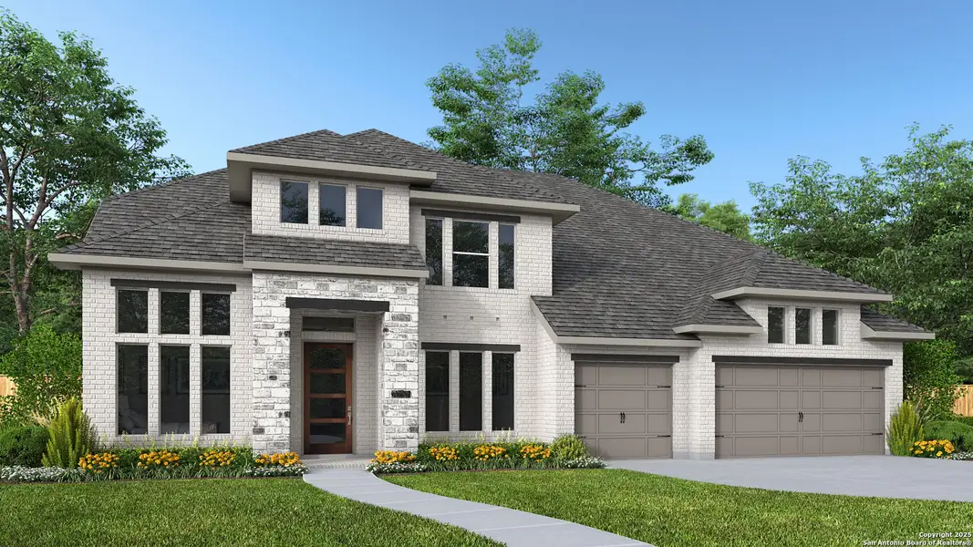 Front exterior of a new home in Johnson Ranch 70', Bulverde, TX, highlighting curb appeal (Image 1).