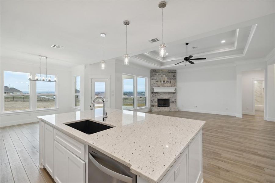 Kitchen featuring light hardwood / wood-style floors, sink, an island with sink, and a tray ceiling