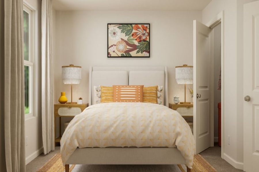 A bedroom with a bed and lamps.