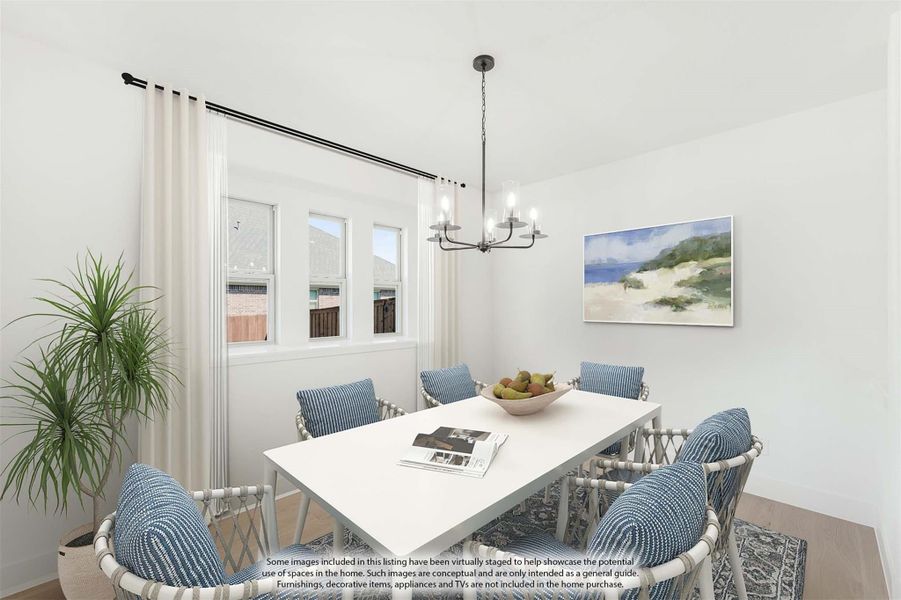 Dining room with white table, six blue chairs, chandelier, and large windows Dining room with white table, six blue chairs, chandelier, and large windows