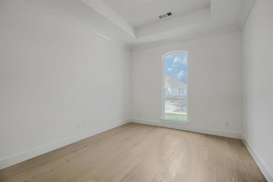Room featuring a tray ceiling, arched window, light wood-finish flooring, and white baseboards Room featuring a tray ceiling, arched window, light wood-finish flooring, and white baseboards