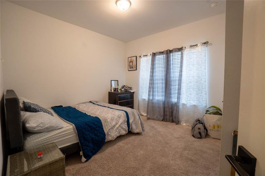 Carpeted bedroom featuring neutral wall tones, a ceiling-mounted light fixture, and windows with blinds and sheer curtains