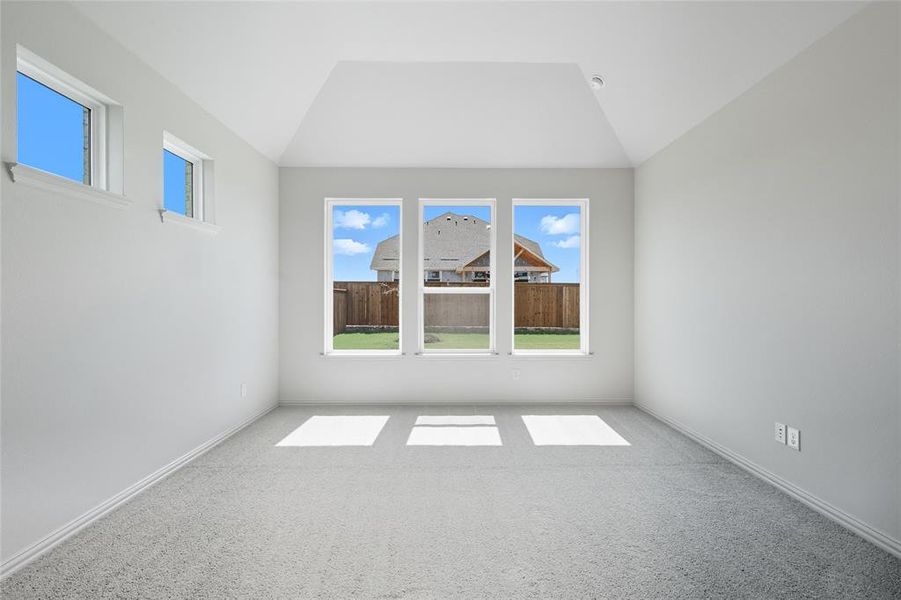 Carpeted spare room featuring vaulted ceiling and baseboards Carpeted spare room featuring vaulted ceiling and baseboards