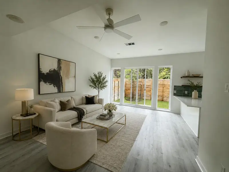 Bright and inviting living space with large sliding glass doors, modern decor, and an open layout perfect for entertaining.