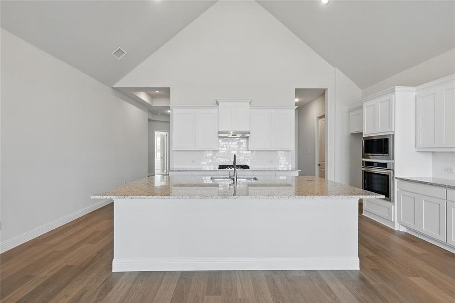Kitchen with white cabinetry, light stone counters, dark wood finished floors, and a high ceiling