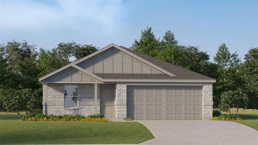 View of front of house featuring a garage and a front lawn