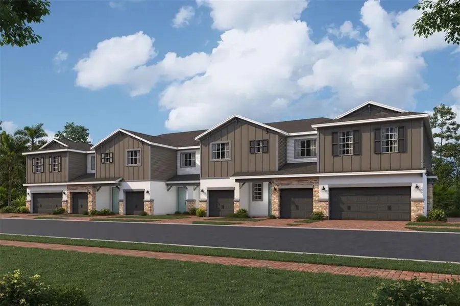 Front exterior of a new home in Tyson Ranch, Orlando, FL, highlighting curb appeal (Image 5).