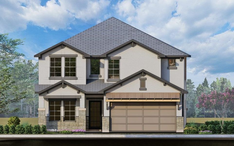 Front exterior of a new home in Morningstar, Georgetown, TX, highlighting curb appeal (Image 3).