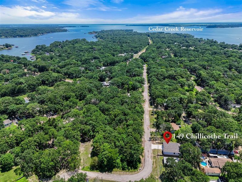 Drone / aerial view of a large body of water and a forest Drone / aerial view of a large body of water and a forest