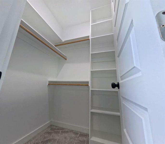 Walk in closet featuring light colored carpet Walk in closet featuring light colored carpet