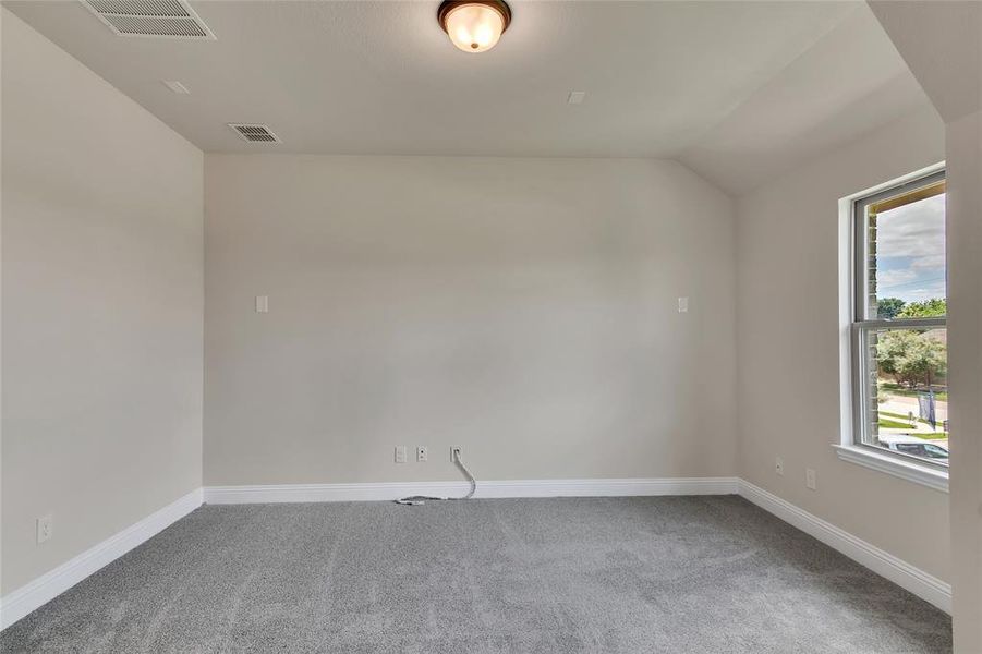 Carpeted empty room featuring vaulted ceiling and plenty of natural light