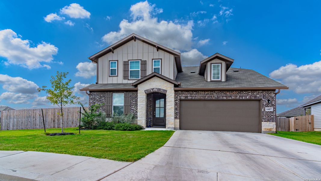 Front exterior of a new home in Morgan Meadows, San Antonio, TX, highlighting curb appeal (Image 18). Front exterior of a new home in Morgan Meadows, San Antonio, TX, highlighting curb appeal (Image 18).