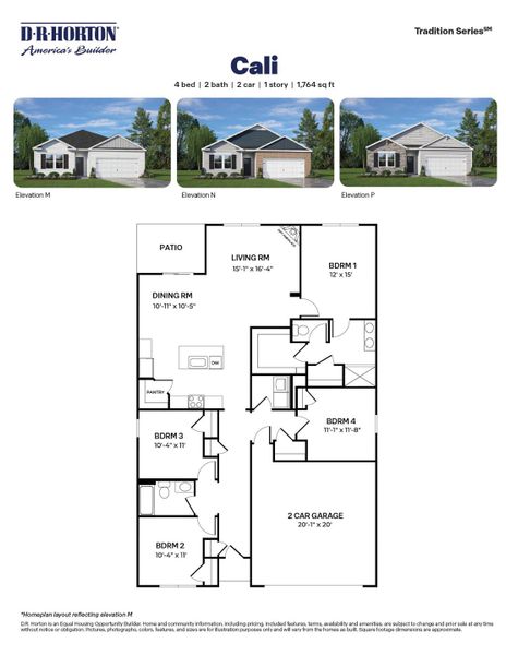 2D floor plan layout for the Cali by D.R. Horton in Hawley Glen, Lillington, NC (Image 4).