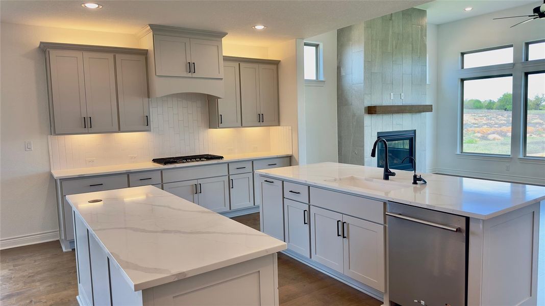 Kitchen featuring an island with sink, stainless steel dishwasher, dark wood-style floors, light stone countertops, and a fireplace