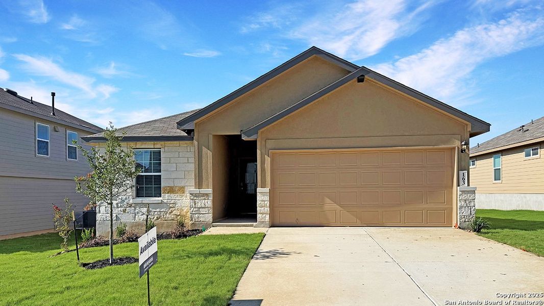Front exterior of a new home in Redbird Ranch, San Antonio, TX, highlighting curb appeal (Image 18).