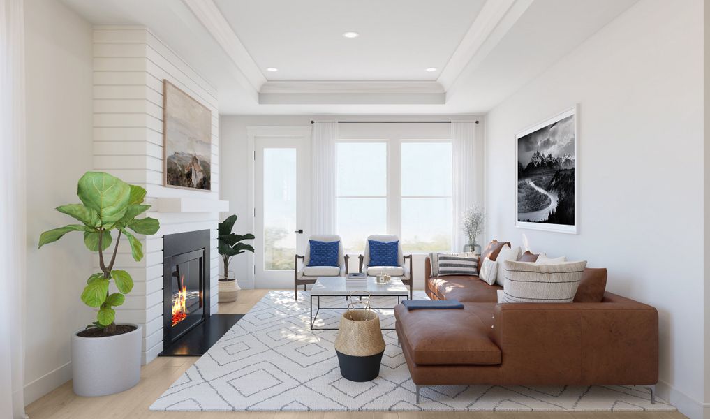 Great room with striking tray ceiling