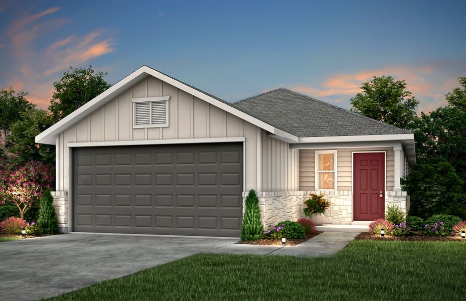 Front exterior of a new home in The Overlook at Creekside, New Braunfels, TX, highlighting curb appeal (Image 1).
