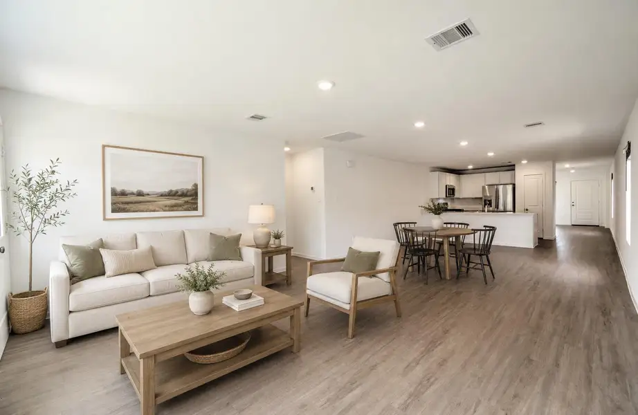 Spacious living, dining and kitchen area.