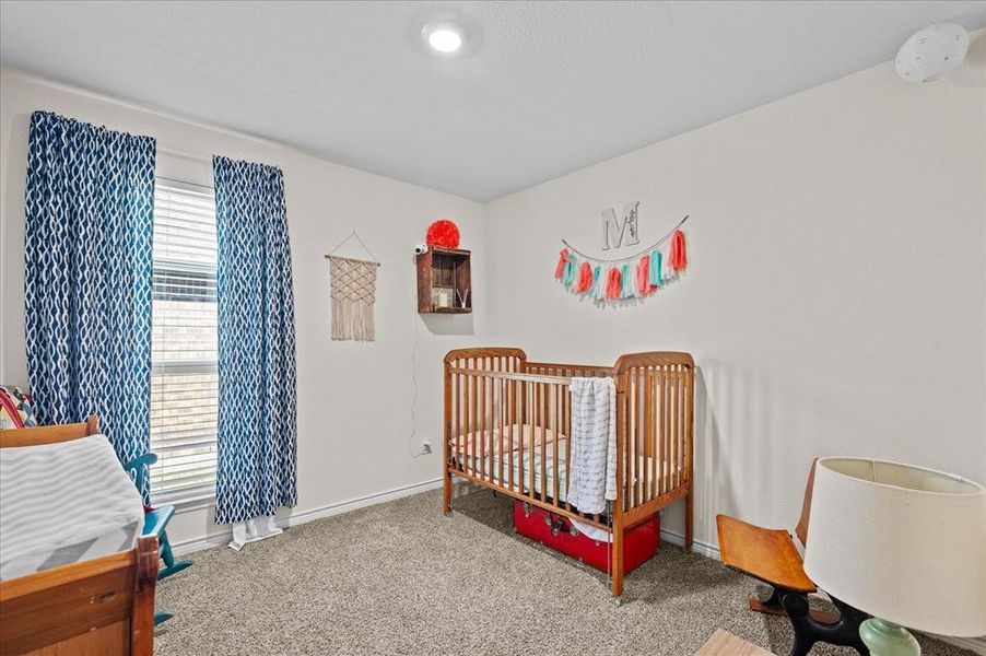 Bedroom with carpet flooring and a nursery area