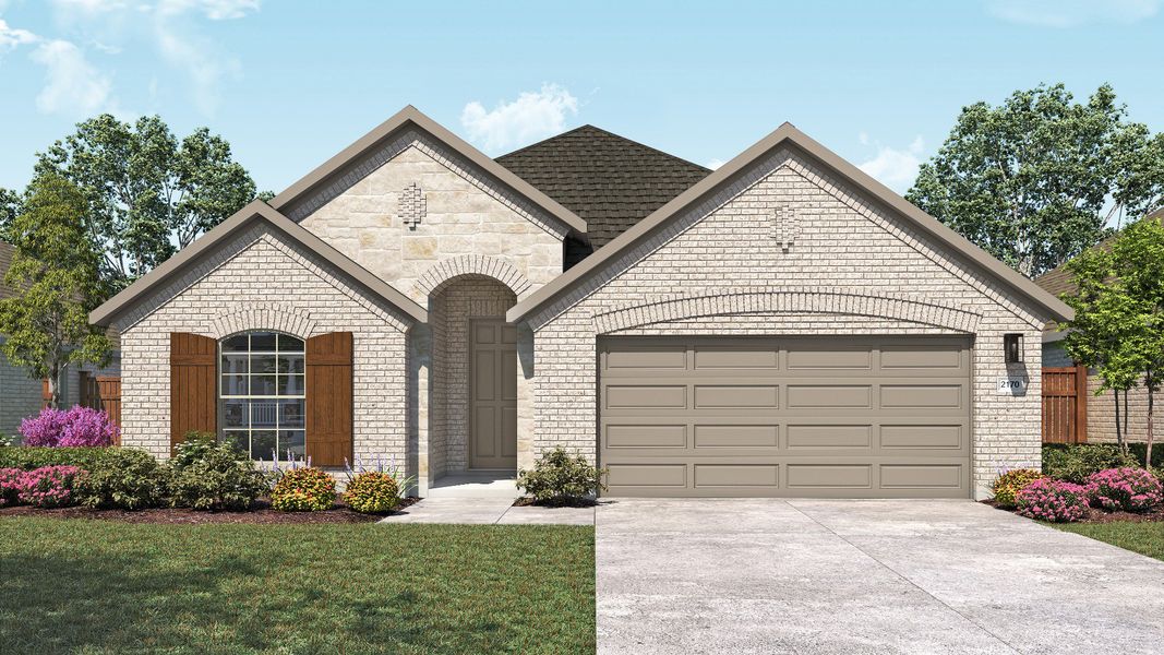 Representative exterior photo of a completed home built from the Juniper by DRB Homes in Parkside on the River, Georgetown, TX (Image 6).
