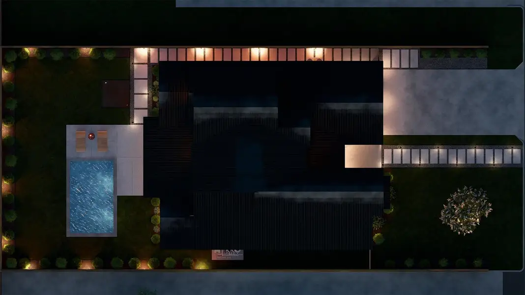 Overhead view showcasing a property with a sleek, contemporary design, illuminated landscaping, and a pristine swimming pool.