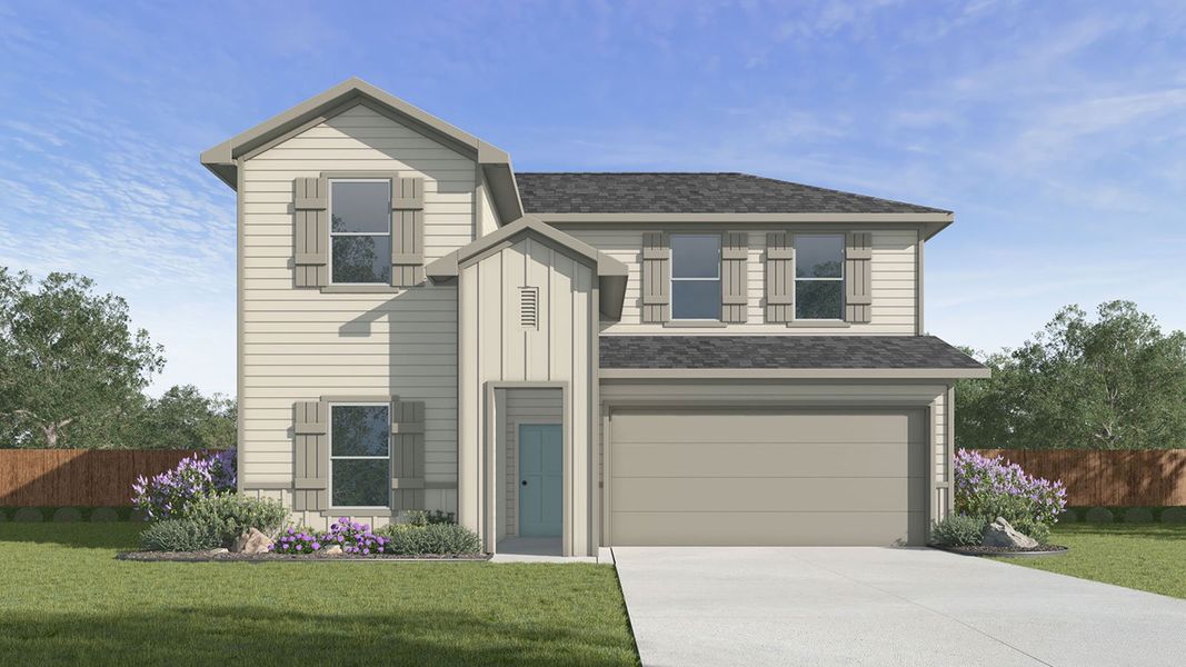 Representative exterior photo of a completed home built from the The Mitchell by D.R. Horton in Saengerhalle Meadows, New Braunfels, TX (Image 1). Representative exterior photo of a completed home built from the The Mitchell by D.R. Horton in Saengerhalle Meadows, New Braunfels, TX (Image 1).