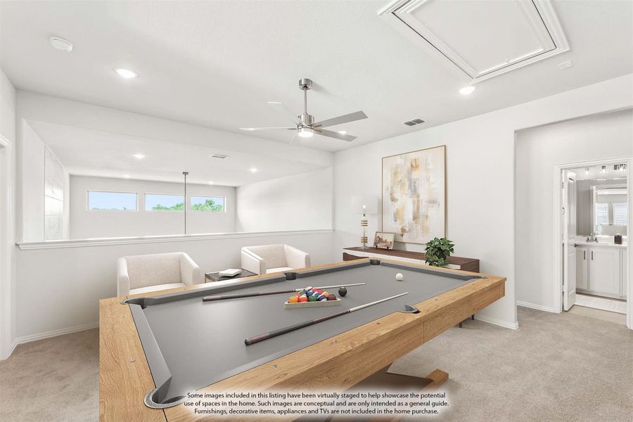 Game room with pool table, ceiling fan, carpet flooring, and seating area with white walls Game room with pool table, ceiling fan, carpet flooring, and seating area with white walls