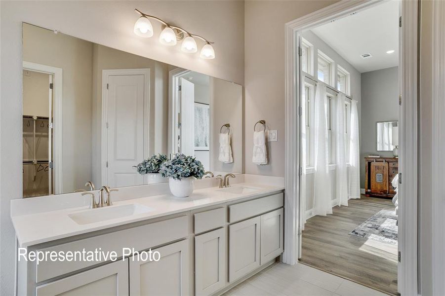 Bathroom with vanity and hardwood / wood-style flooring