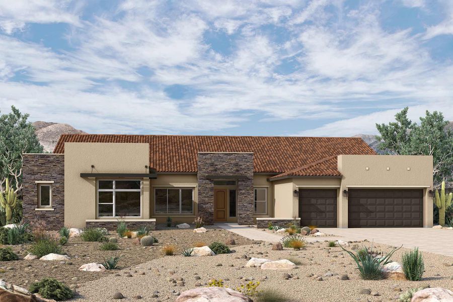 Front exterior of a new home in Tierra at Legado West, Queen Creek, AZ, highlighting curb appeal (Image 2). Front exterior of a new home in Tierra at Legado West, Queen Creek, AZ, highlighting curb appeal (Image 2).