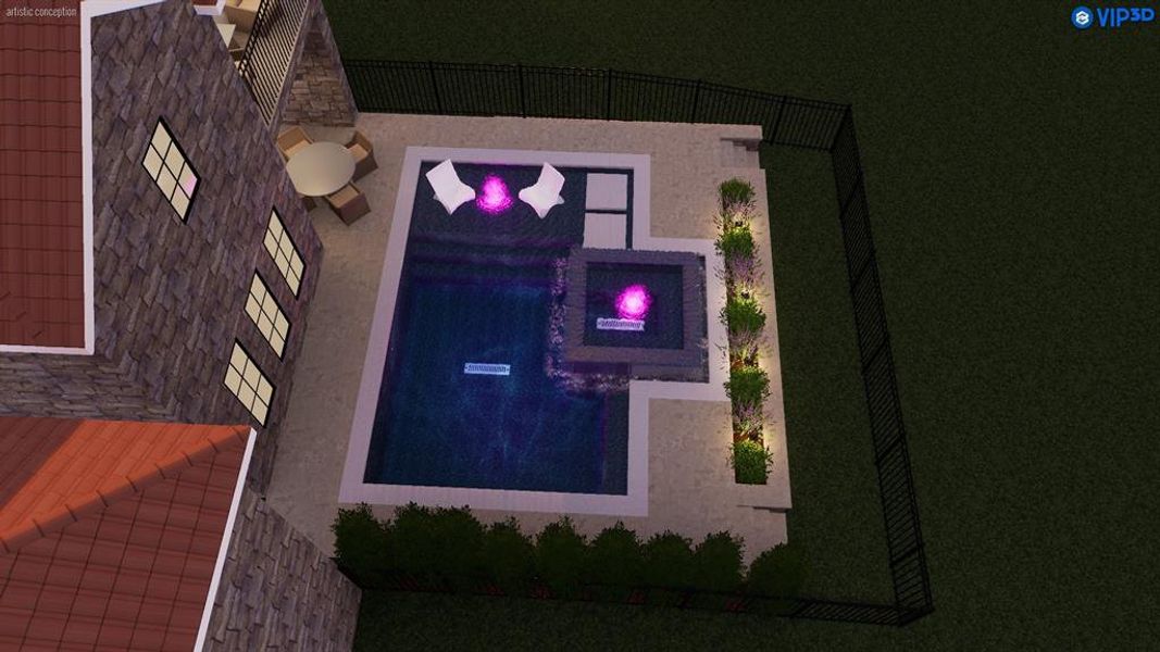 This rendering showcases a pool option that can be added. The spacious lot offers plenty of room to create your own private backyard retreat.